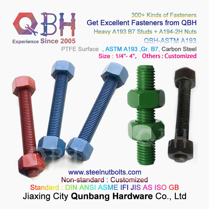 QBH PTFE 1070 Rot/Blau/Schwarz/Grün beschichtet 1/4"-4" ASTM A193 B7 Gewindestangenbolzen mit A194-2H schwerer Sechskantmutter 3