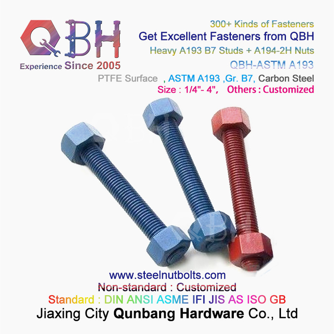 QBH PTFE 1070 Rot/Blau/Schwarz/Grün beschichtet 1/4"-4" ASTM A193 B7 Gewindestangenbolzen mit A194-2H schwerer Sechskantmutter 2