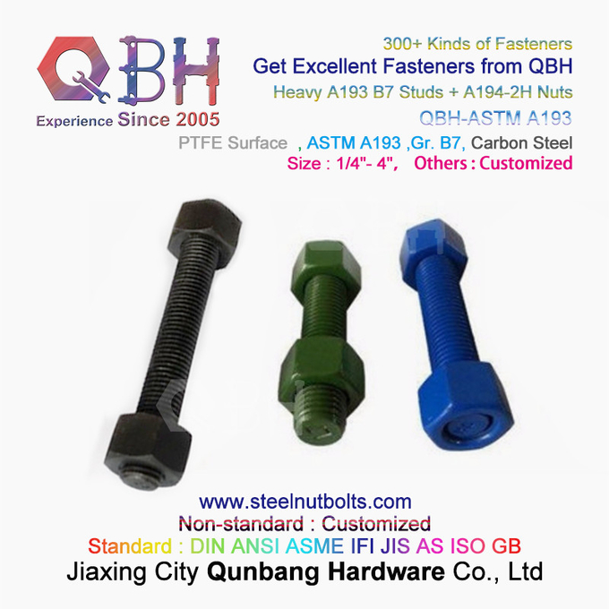 QBH PTFE 1070 Rot/Blau/Schwarz/Grün beschichtet 1/4"-4" ASTM A193 B7 Gewindestangenbolzen mit A194-2H schwerer Sechskantmutter 0
